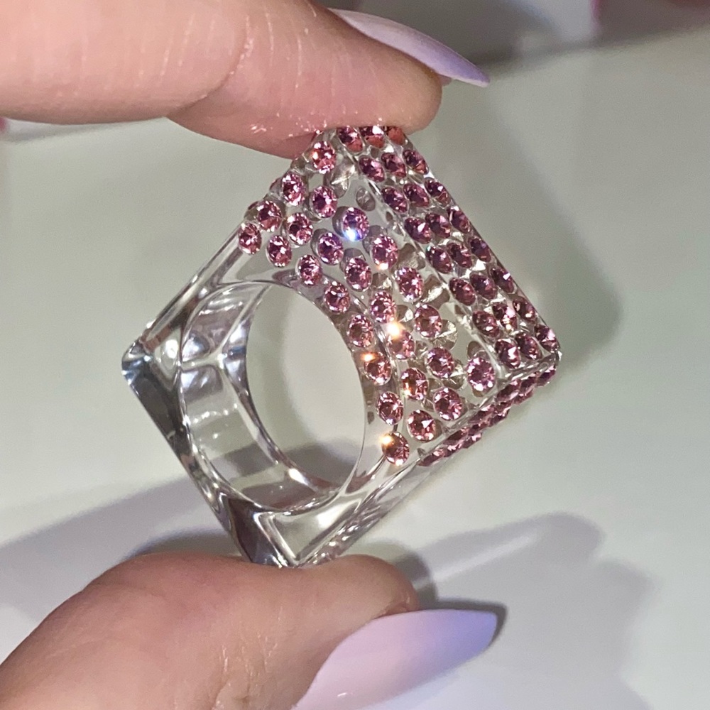Clear Acrylic Ring With Pink Swarovski Crystals, Geometric Square Art Deco Ring